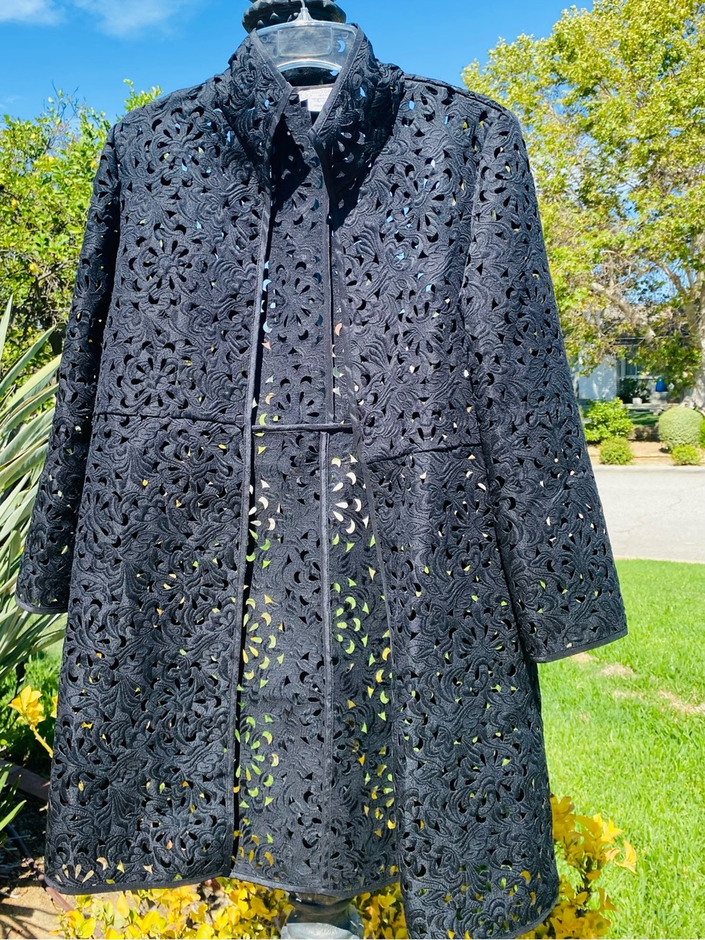 Grace Chuang New York Black Laser Cut Floral Duster Jacket Coat L